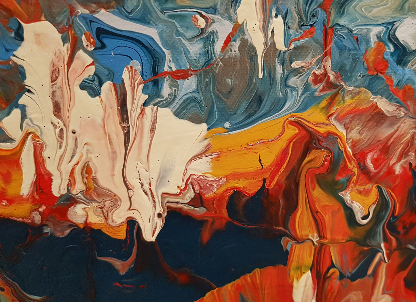 Textured Abstract painting with swirling colors of blue, orange, red, and white.