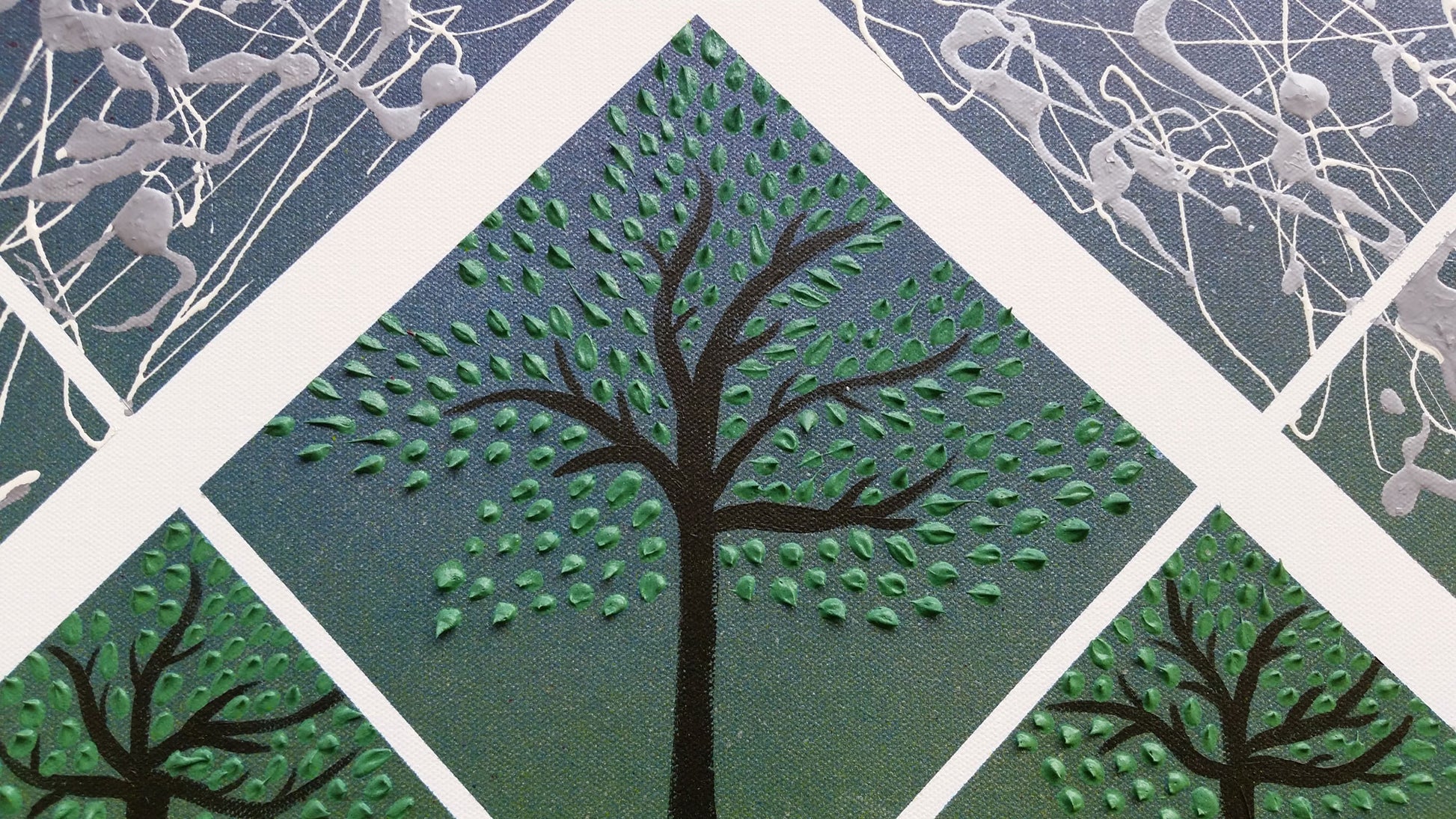 Abstract Expressionism Art Contemporary Modern Painting Three Trees Acrylic Spray Paint Ink Canvas Texture Nature Sky