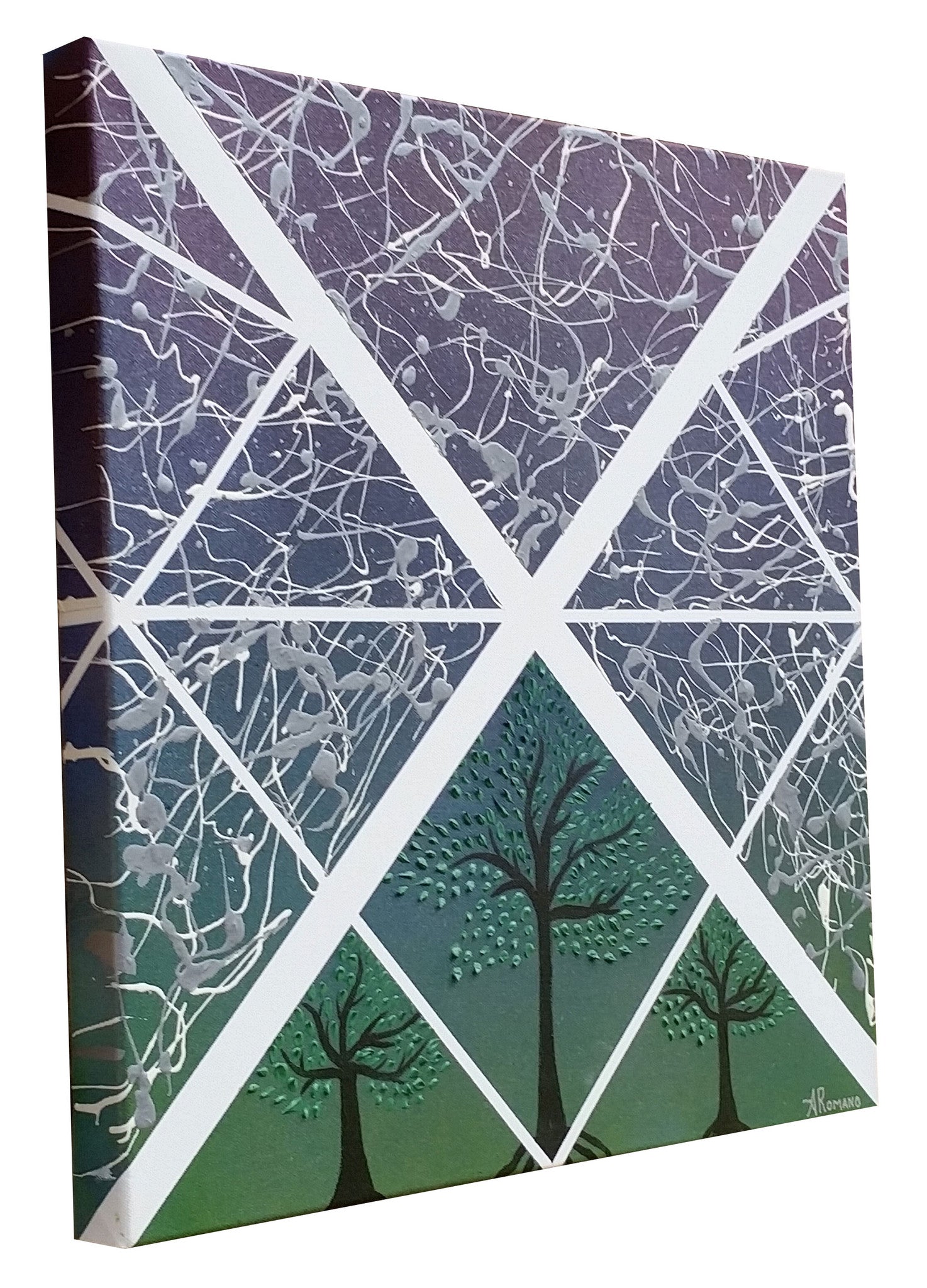 Abstract Expressionism Art Contemporary Modern Painting Three Trees Acrylic Spray Paint Ink Canvas Texture Nature Sky Ready to Hang