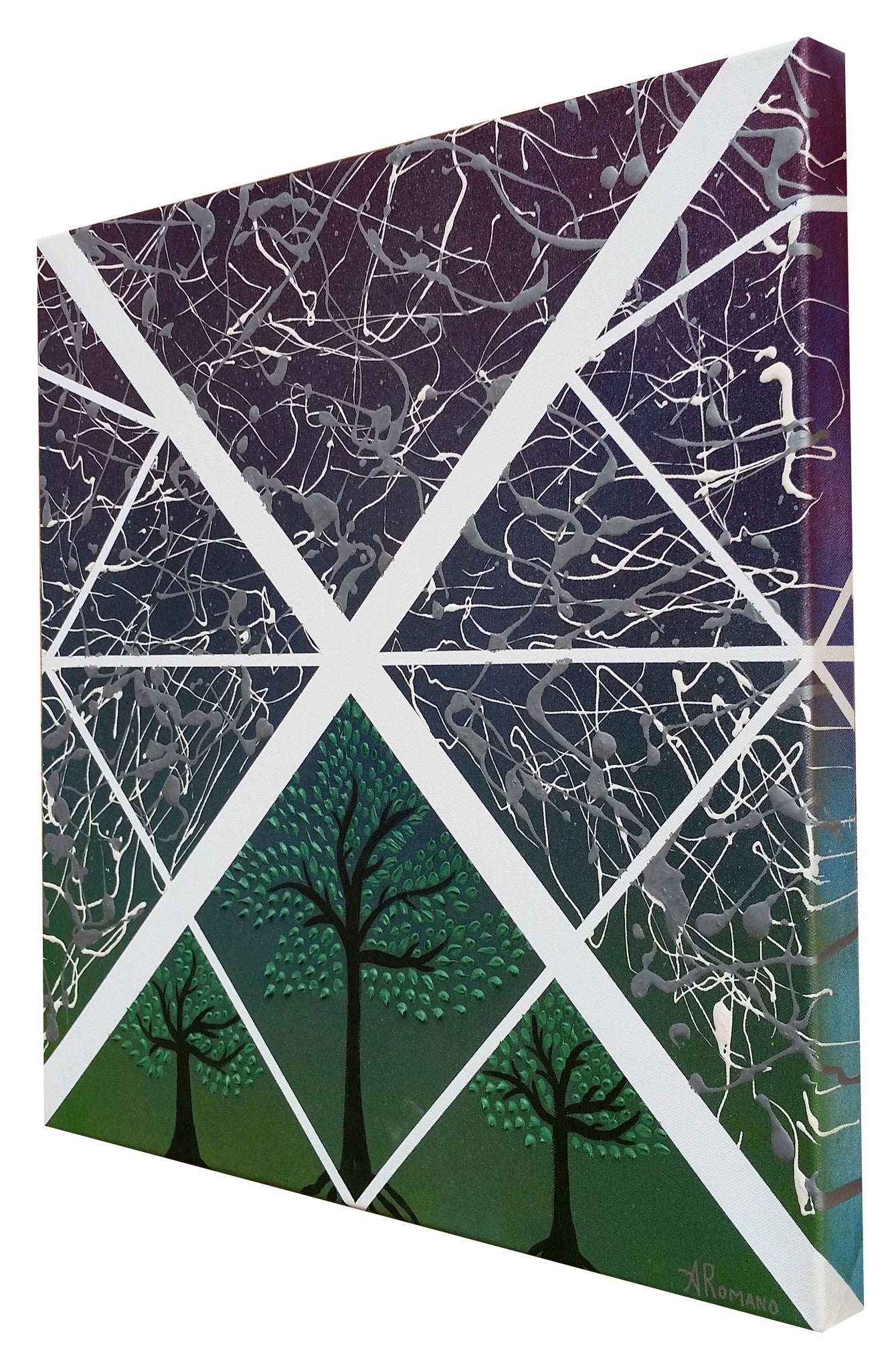 Abstract Expressionism Art Contemporary Modern Painting Three Trees Acrylic Spray Paint Ink Canvas Texture Nature Sky Ready to Hang