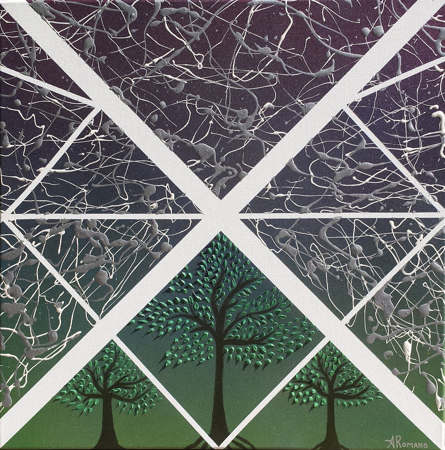 Abstract Expressionism Art Contemporary Modern Painting Three Trees Acrylic Spray Paint Ink Canvas Texture Nature Sky