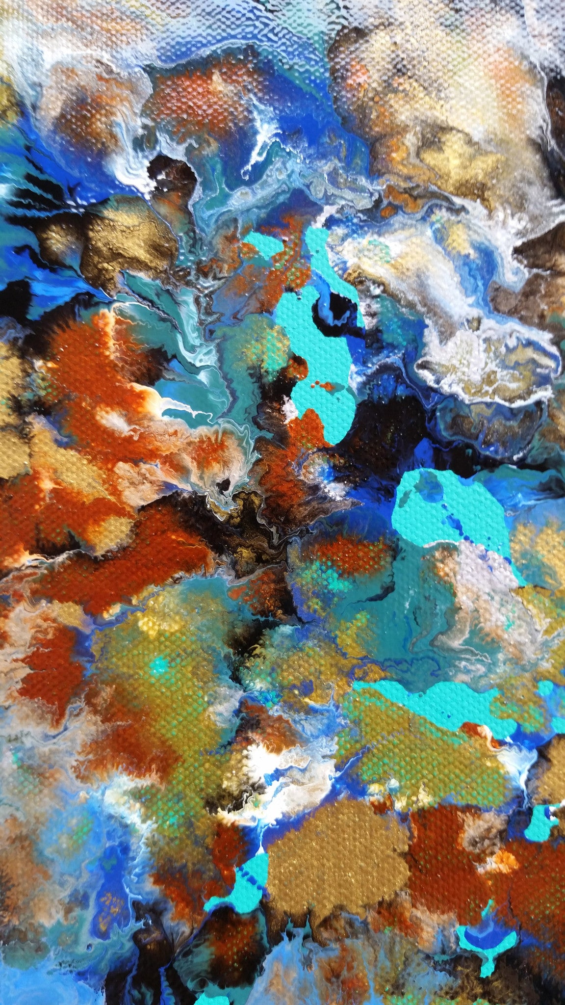 Abstract Fluid Painting Mixed-Media Enamel Paint on Canvas Blue Waves Ocean Water Relaxing Calm Colourful High Gloss