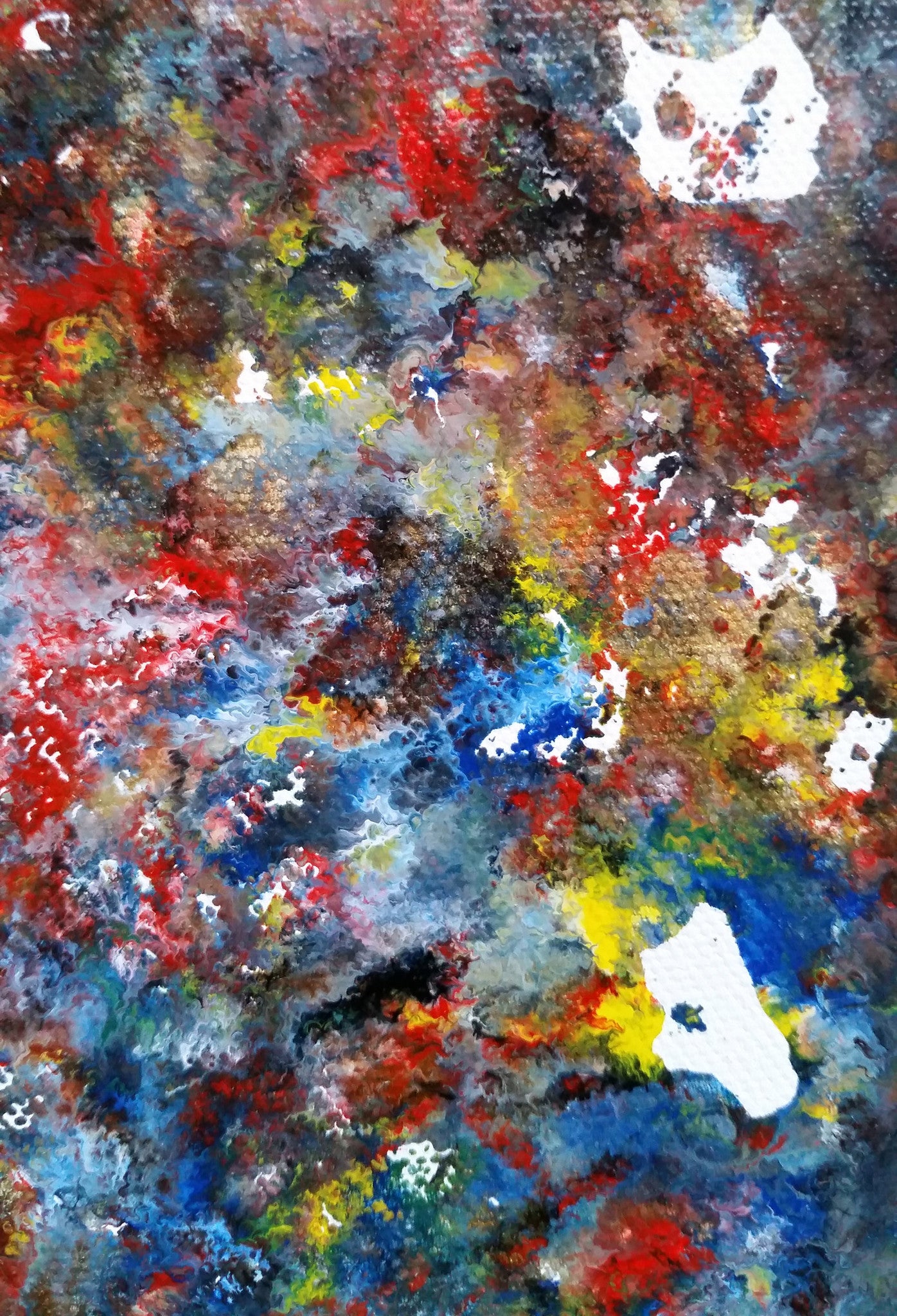 Abstract Fluid Painting Mixed Media Red White Yellow Enamel Paint Canvas