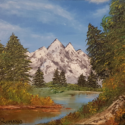 Mystic-Mountains-Alexandra-Romano-Art-Original-Landscape-Paintings-for-Sale-Inspired-by-Bob-Ross-Nature-Trees-Mountains-Sunny-Sky-Artwork