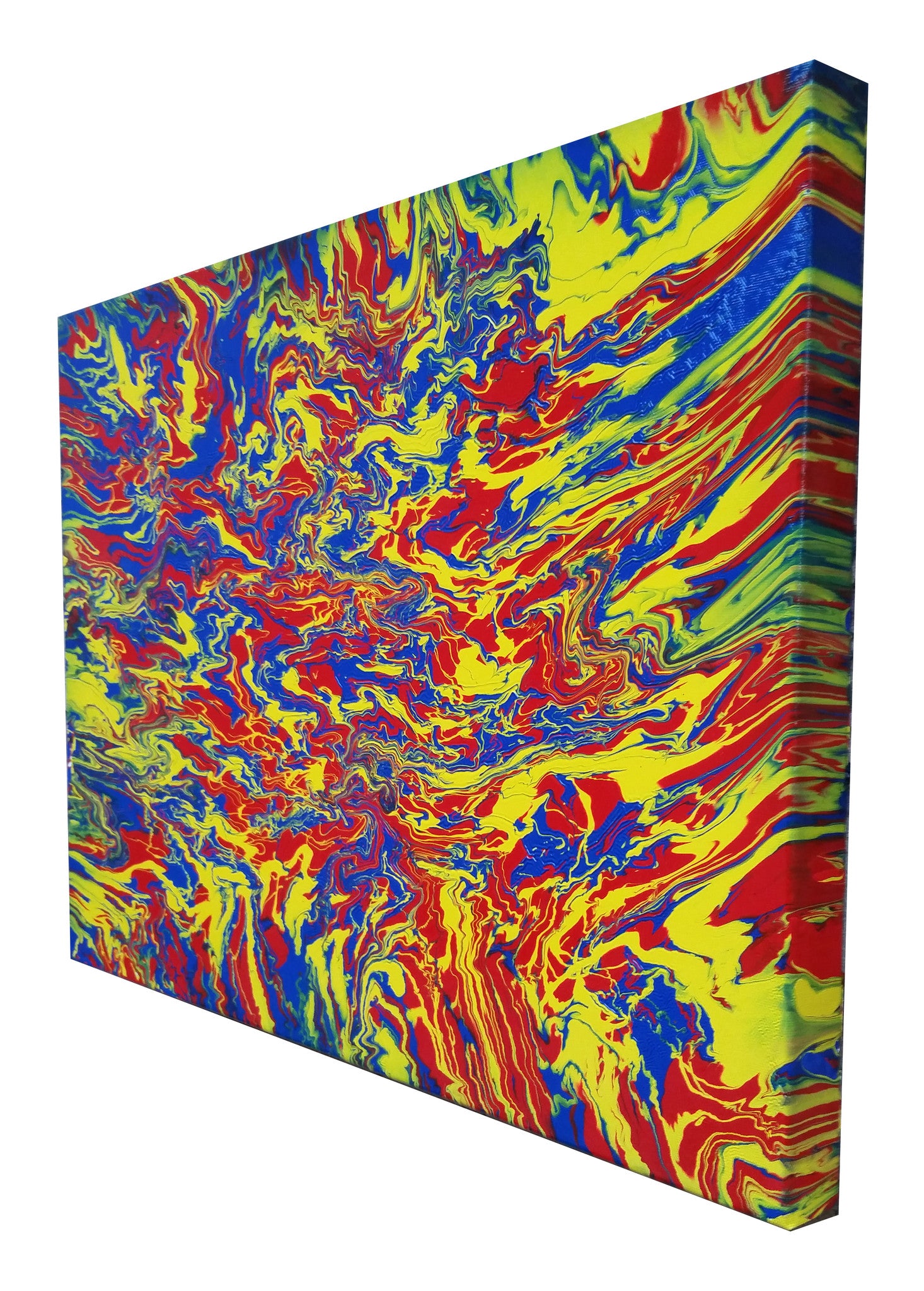 Original Abstract Fluid Painting Modern Art Primary Balance Bold Colors Yellow Blue Red