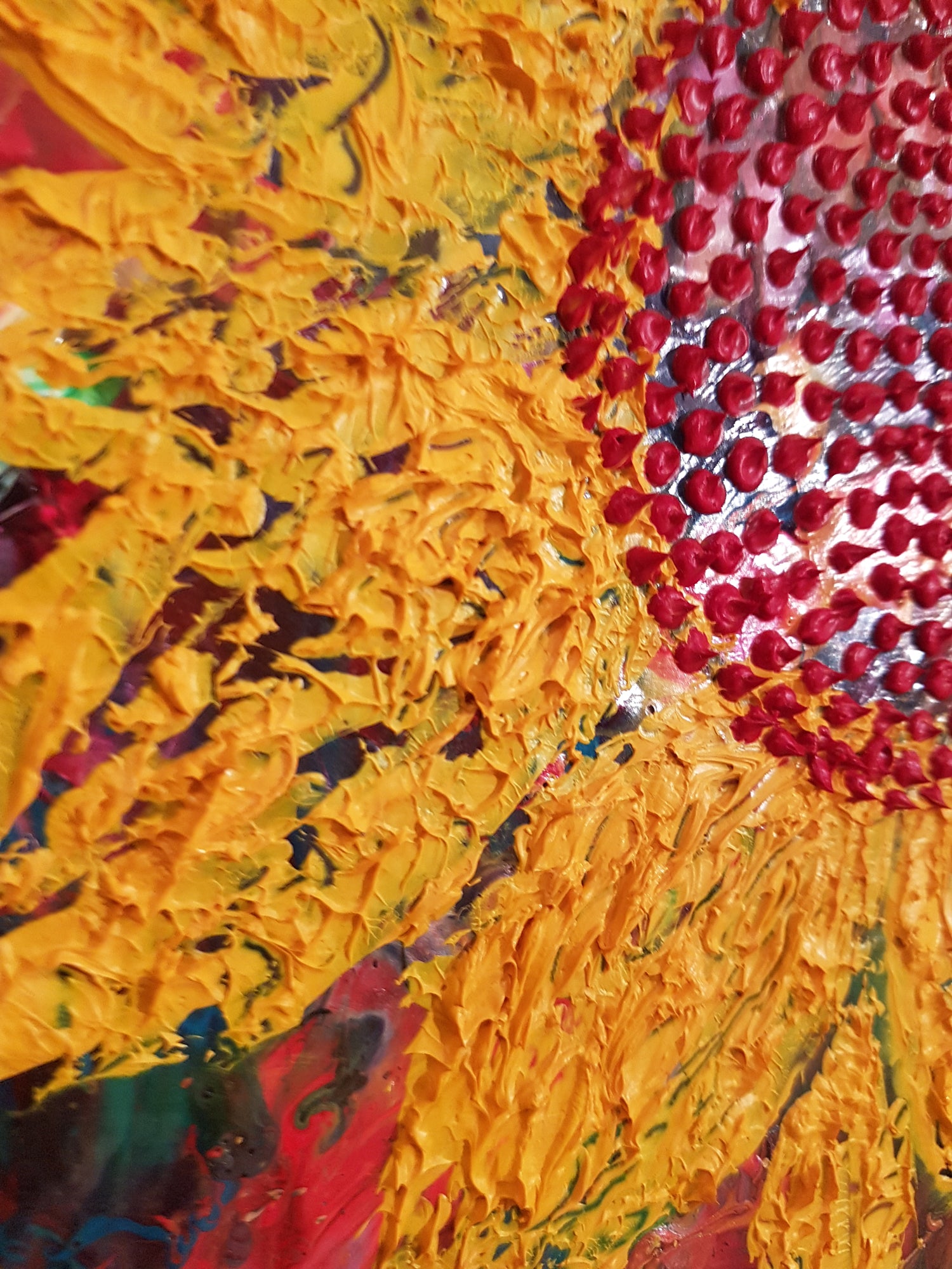 Psychedelic-Sunflower-by-Alexandra-Romano-Yellow-Red-Green-Colorful-Flower-Painting-Absract-Expressionism-Gallery-Toronto