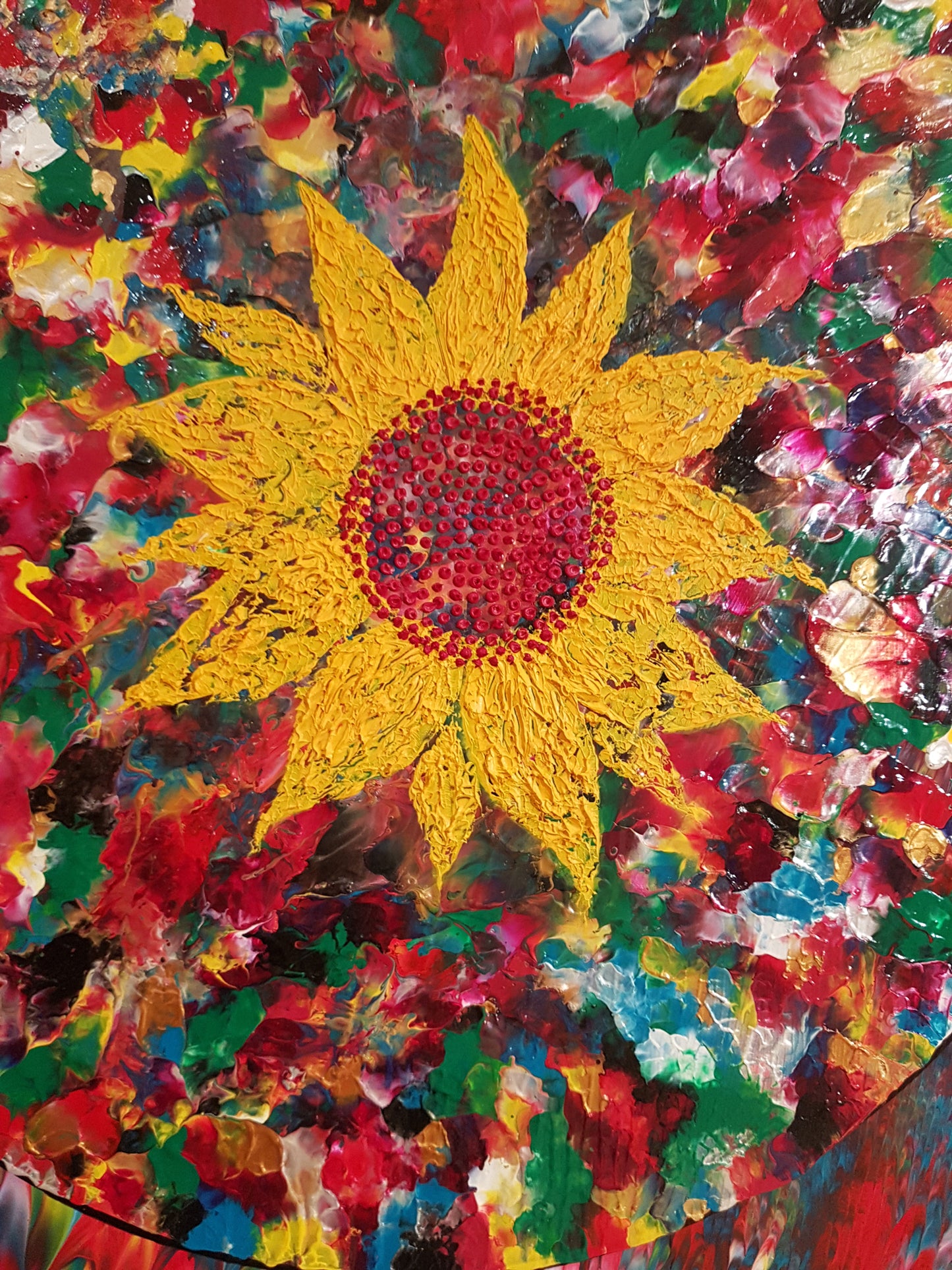 Psychedelic-Sunflower-by-Alexandra-Romano-Yellow-Red-Green-Colorful-Flower-Painting-Absract-Expressionism-Gallery-Toronto