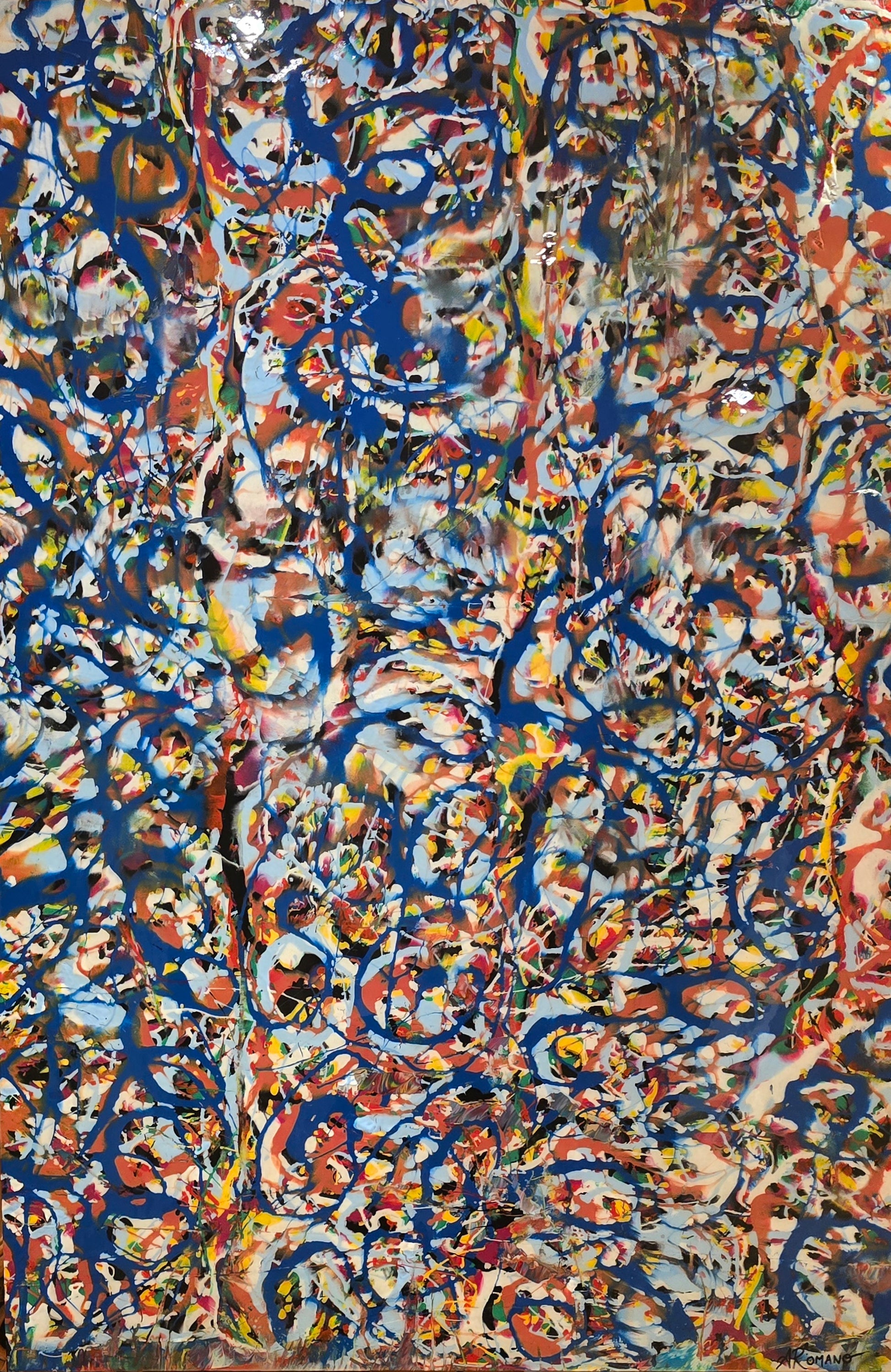 One-of-a-kind Abstract artwork with a mix of blue, red, and yellow colors.