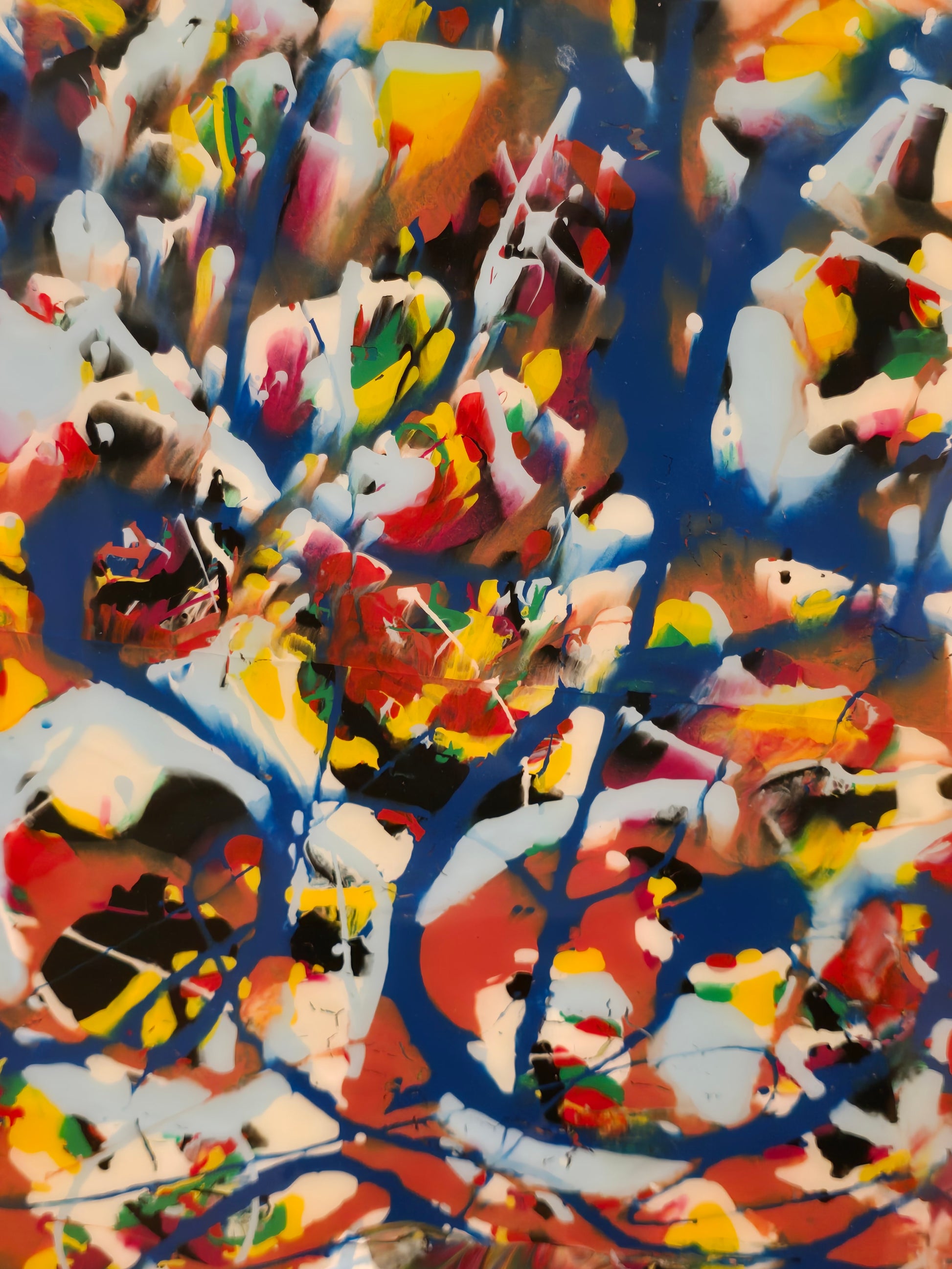 Colorful abstract painting with various shapes and patterns