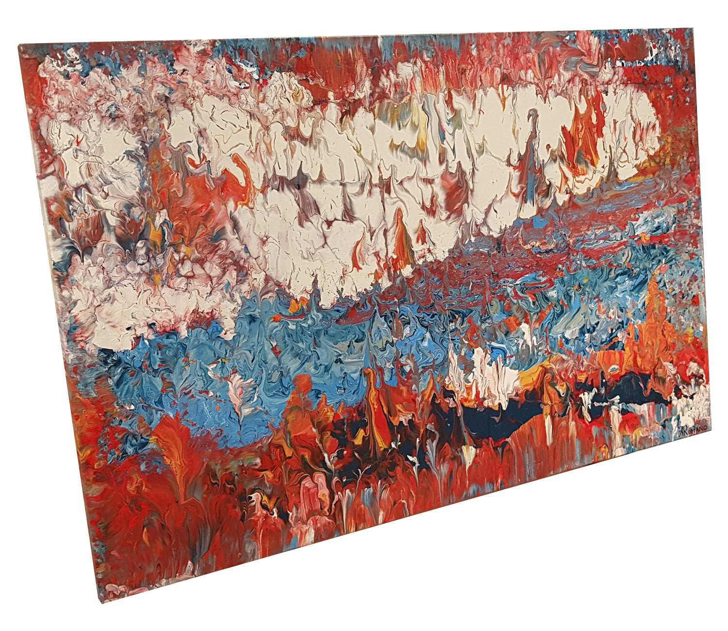 Abstract painting created on canvas with a mix of red, blue, and white colors on a white background