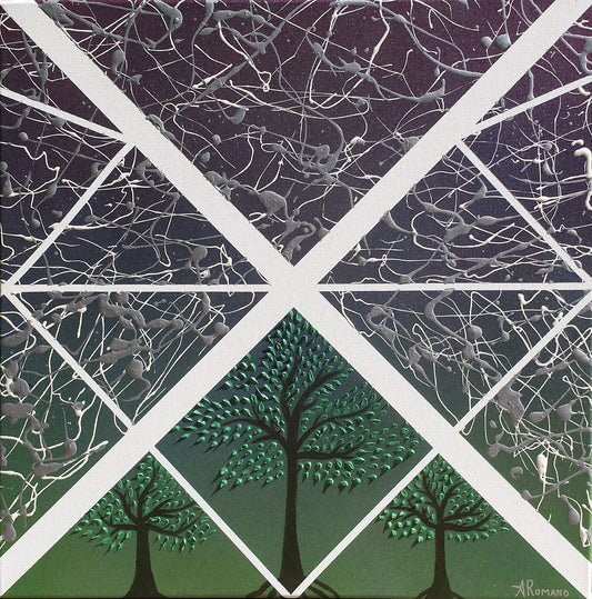 Abstract Expressionism Art Contemporary Modern Painting Three Trees Acrylic Spray Paint Ink Canvas Texture Nature Sky