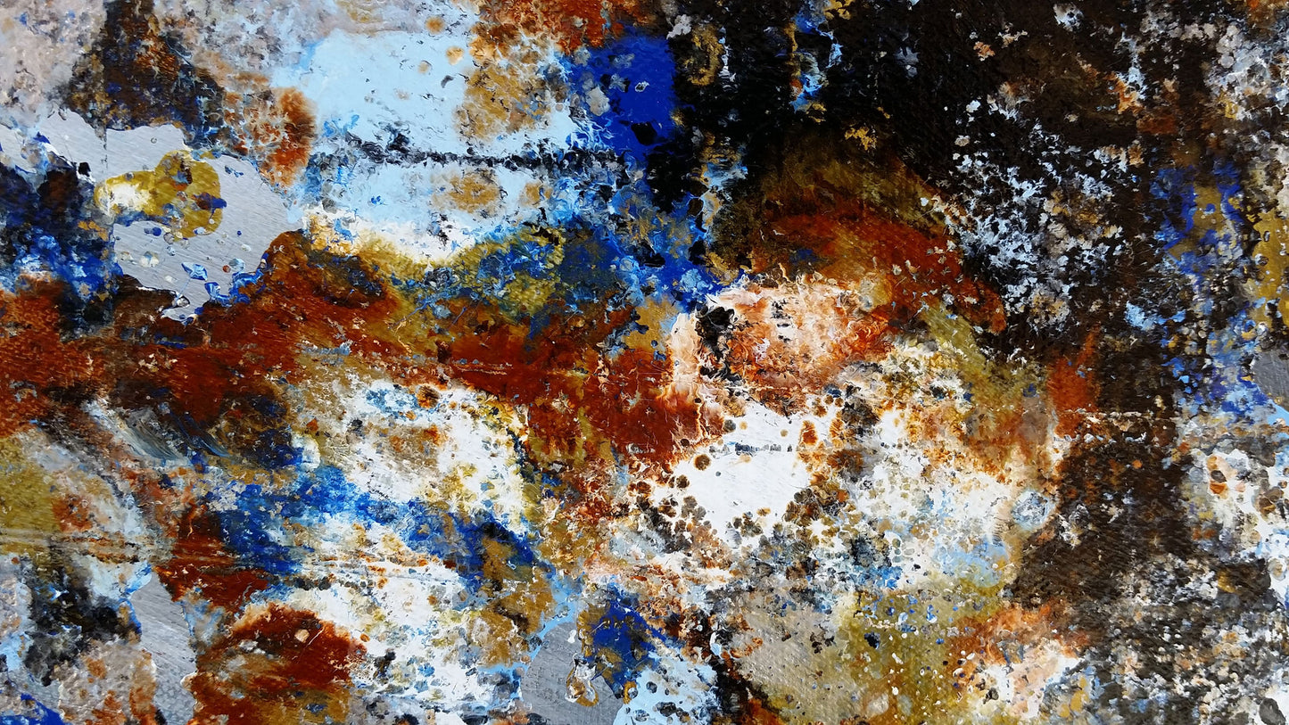 Abstract Expressionism Art Contemporary Modern Painting Tide Water Splash Splatter Artwork Nature Natural Tones Colours Acrylic Enamel Canvas Gold Blue White Burnt Sienna