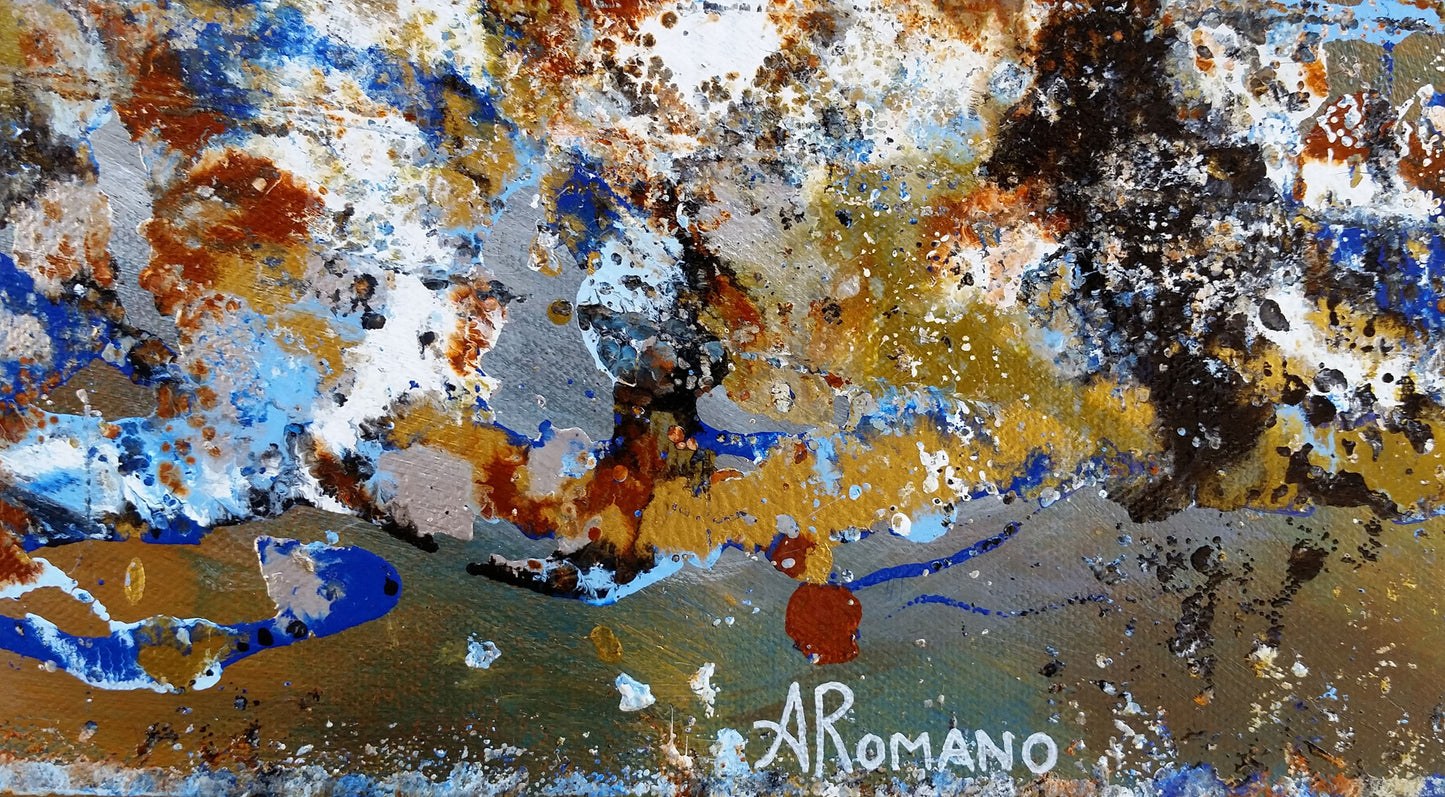 Abstract Expressionism Art Contemporary Modern Painting Tide Water Splash Splatter Artwork Nature Natural Tones Colours Acrylic Enamel Canvas Gold Blue White Burnt Sienna