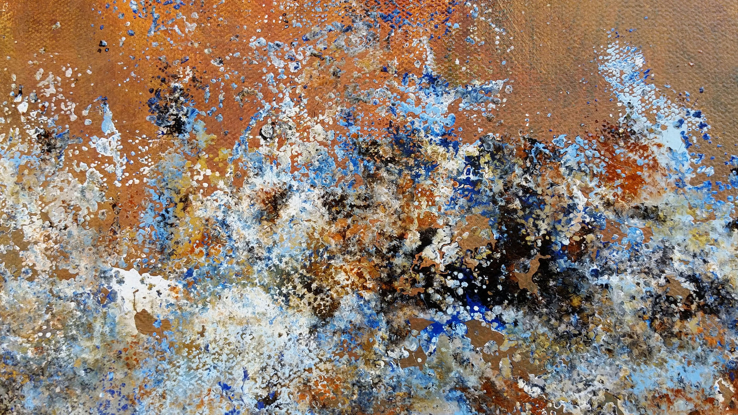Abstract Expressionism Art Contemporary Modern Painting Tide Water Splash Splatter Artwork Nature Natural Tones Colours Acrylic Enamel Canvas Gold Blue White Burnt Sienna