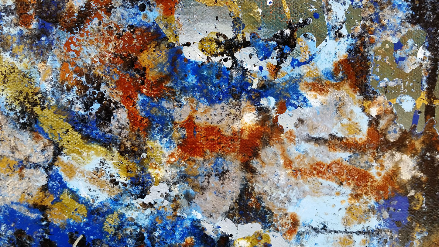 Abstract Expressionism Art Contemporary Modern Painting Tide Water Splash Splatter Artwork Nature Natural Tones Colours Acrylic Enamel Canvas Gold Blue White Burnt Sienna