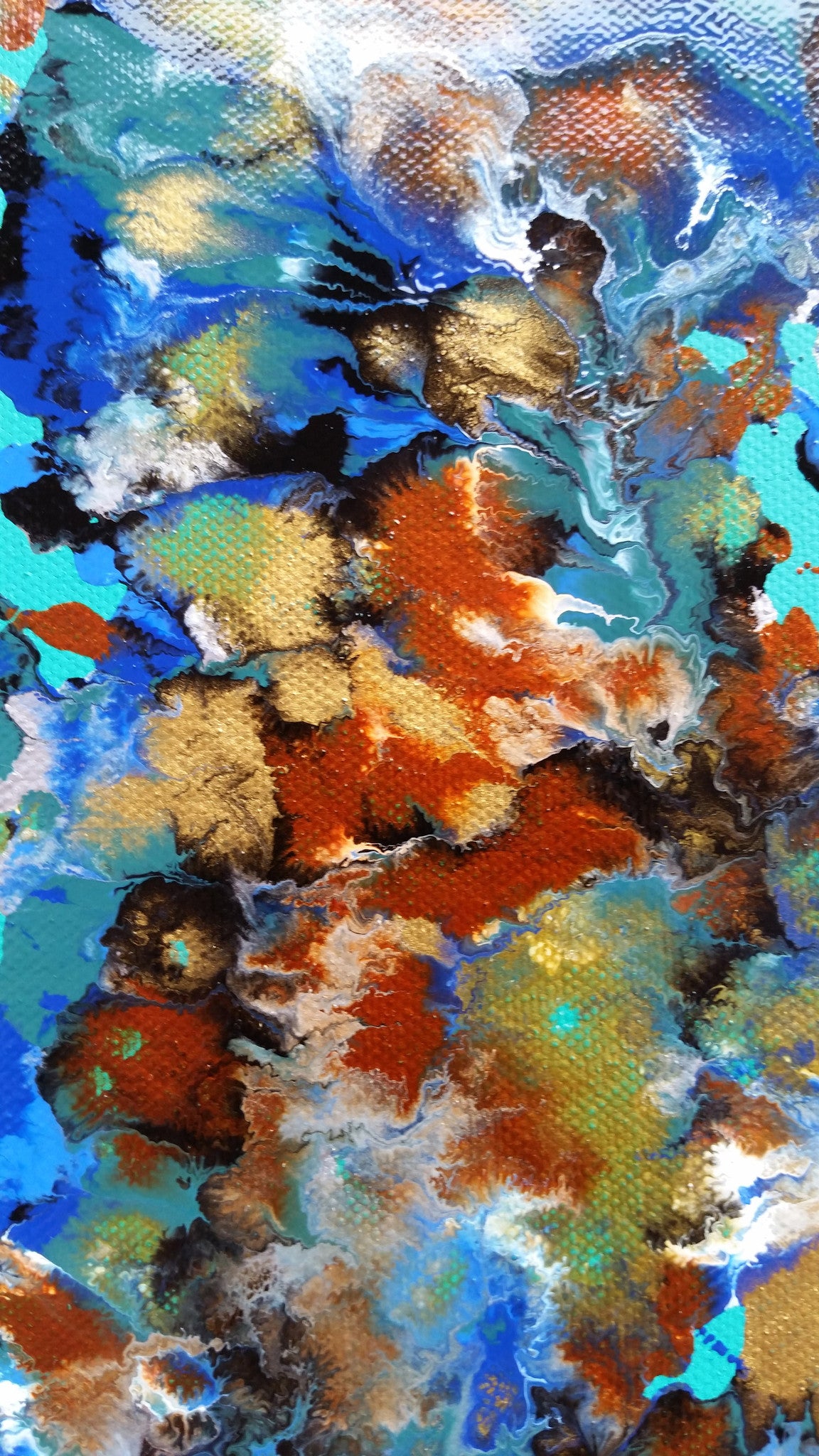 Abstract Fluid Painting Mixed-Media Enamel Paint on Canvas Blue Waves Ocean Water Relaxing Calm Colourful High Gloss