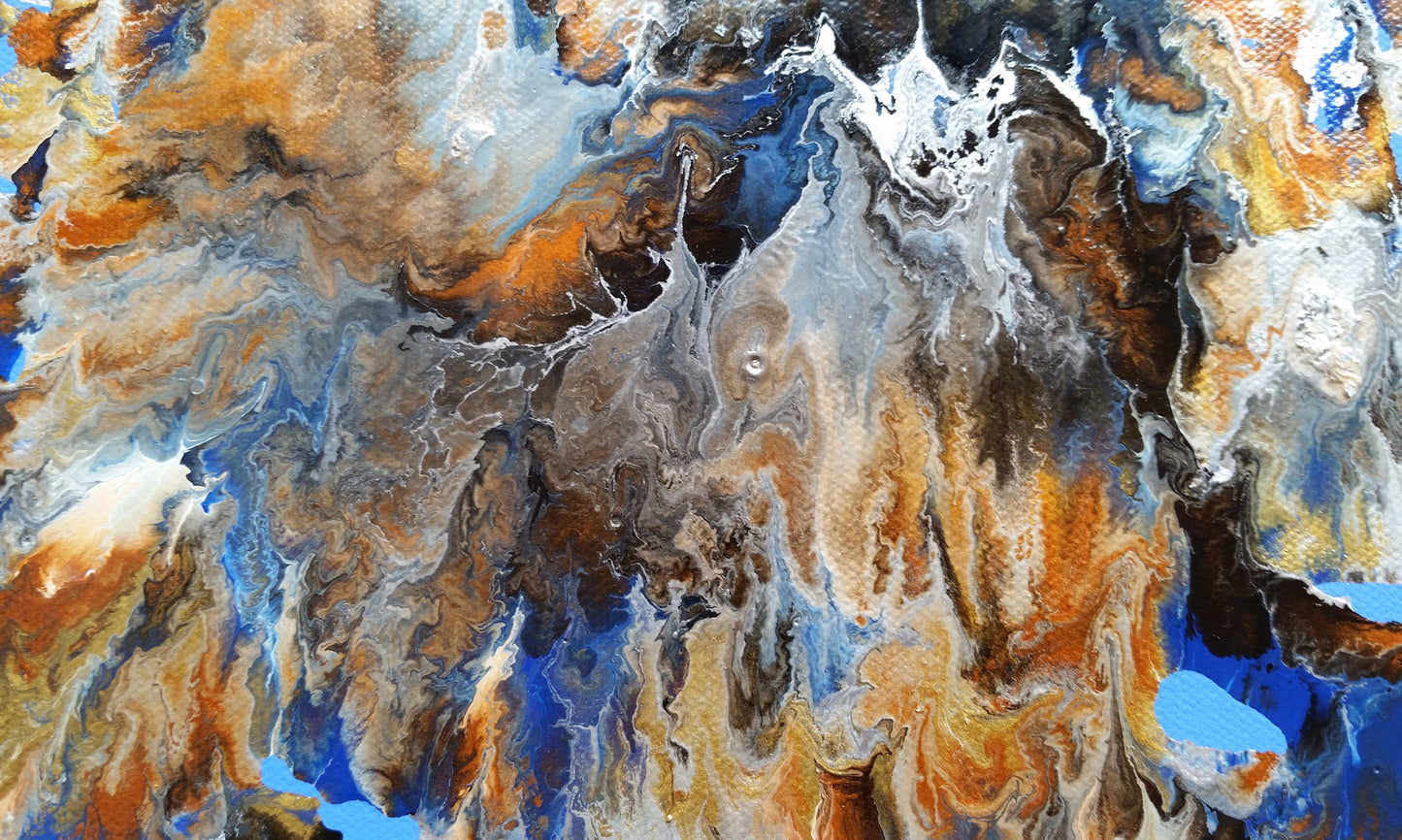 Abstract Fluid Painting Mixed Media Enamel Paint Canvas Blue Waves Ocean Water Relaxing Calming Artwork Copper Gold Silver