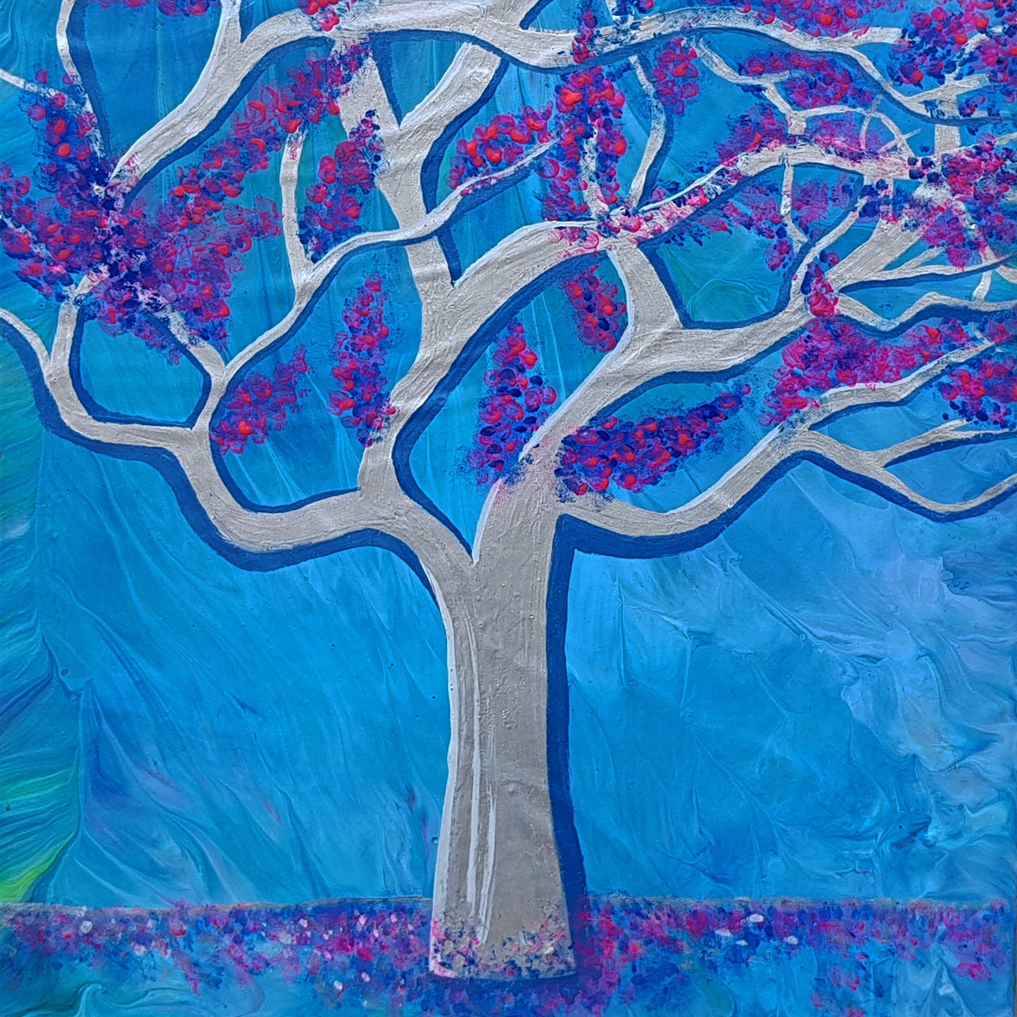 Blue-Dawn-by-Alexandra-Romano-Art-Original-Abstract-Expressionism-Painting-Silver-Tree-Pink-Cherry-Blossoms