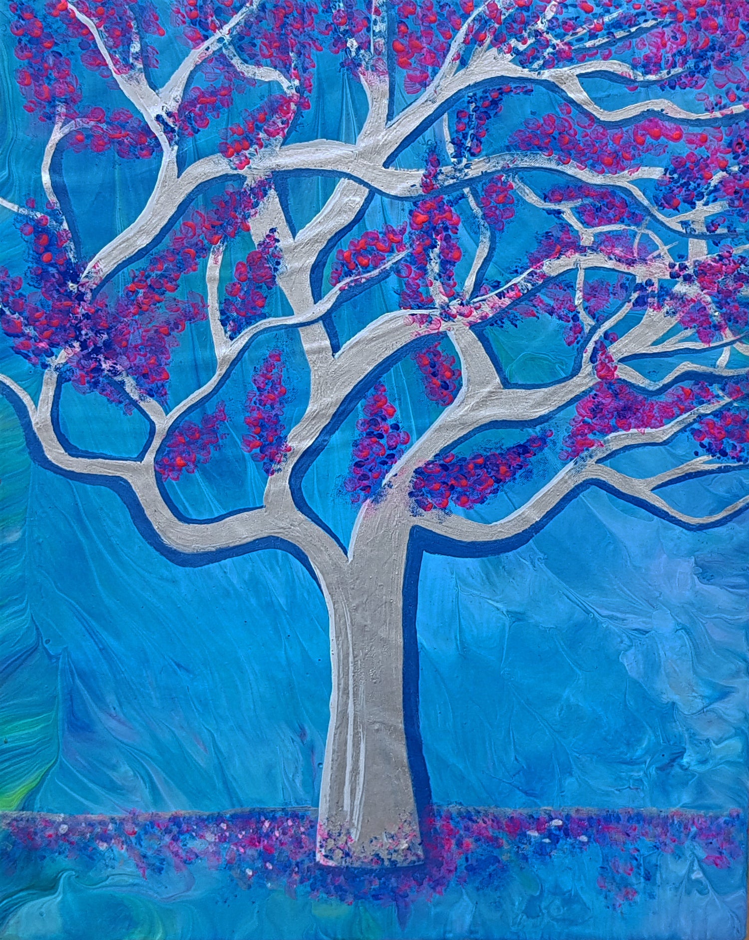 Blue-Dawn-by-Alexandra-Romano-Art-Original-Abstract-Expressionism-Painting-Silver-Tree-Pink-Cherry-Blossoms