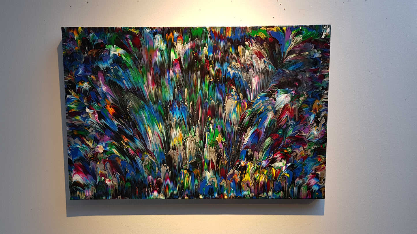 Fireworks by Alexandra Romano Art Original Blue Black Silver Red Yellow Green Colourful Abstract Painting for Sale Toronto Art Gallery