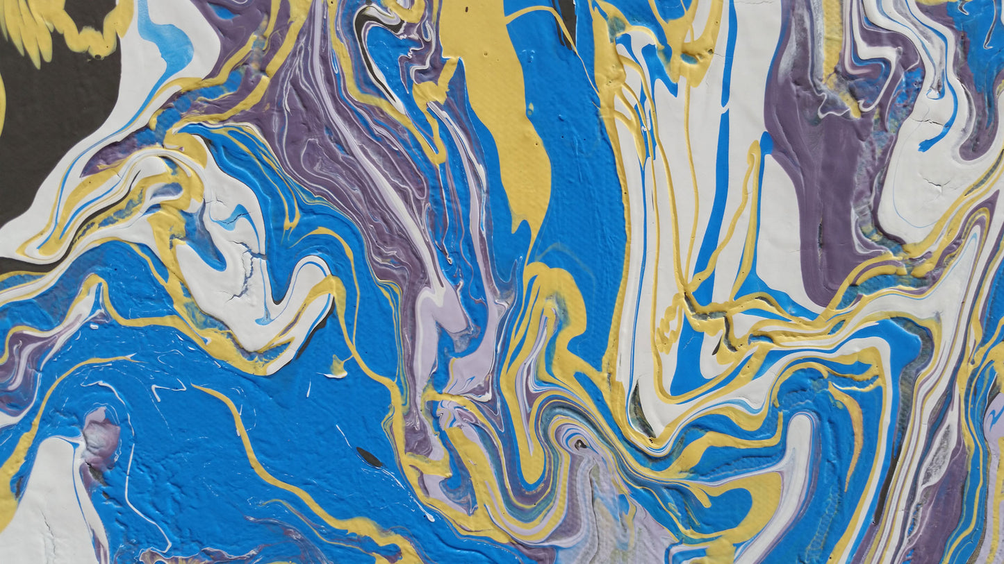 Free Flow Abstract Art Fluid Painting Tryptych 3 Panel Artwork Yellow Blue White Purple Colourful