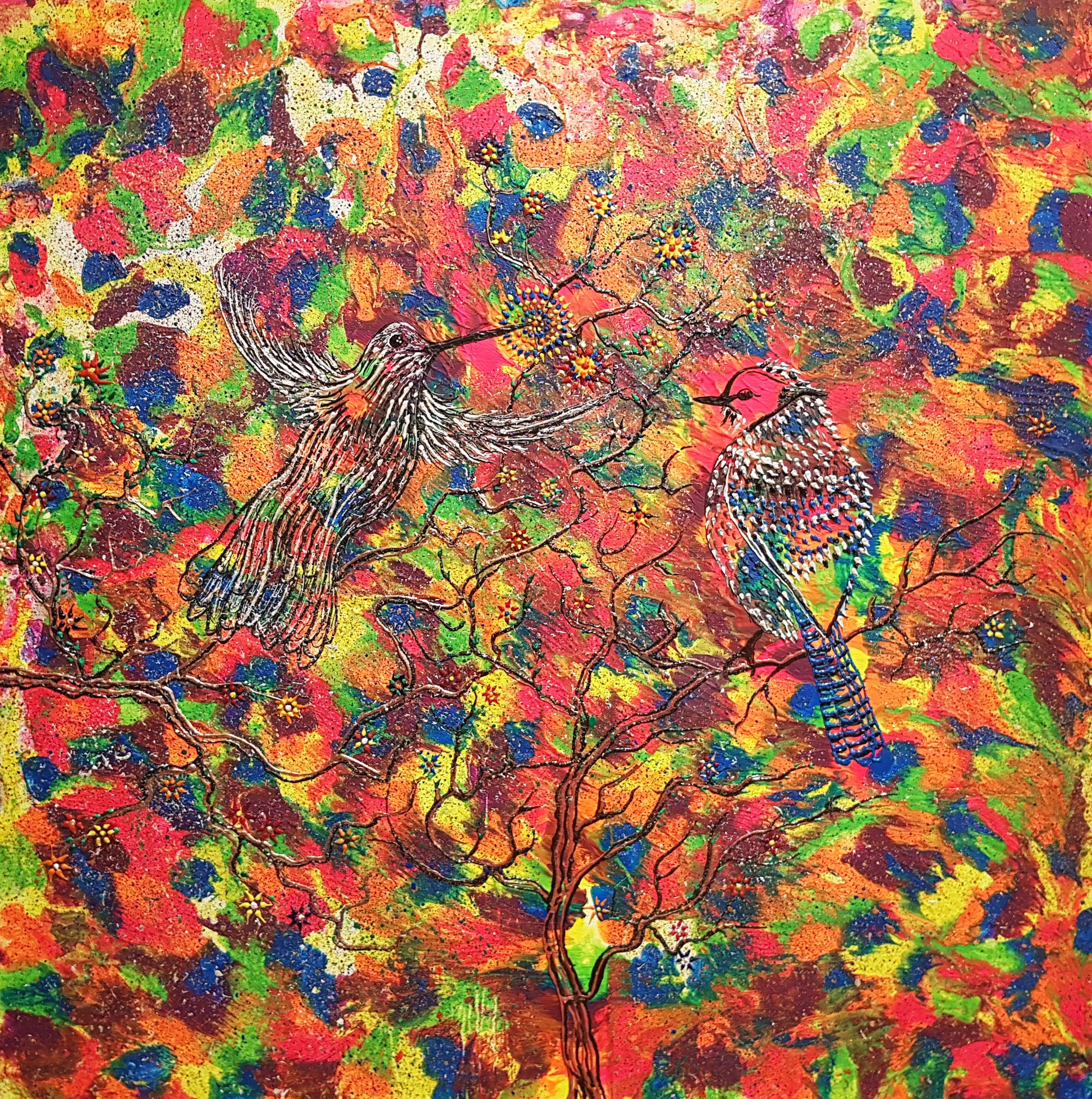 Hummingbird and Blue Jay by Alexandra-Romano-Art-Original-Abstract-Artwork Painting Colorful Unique Expressive Contemporary Gallery