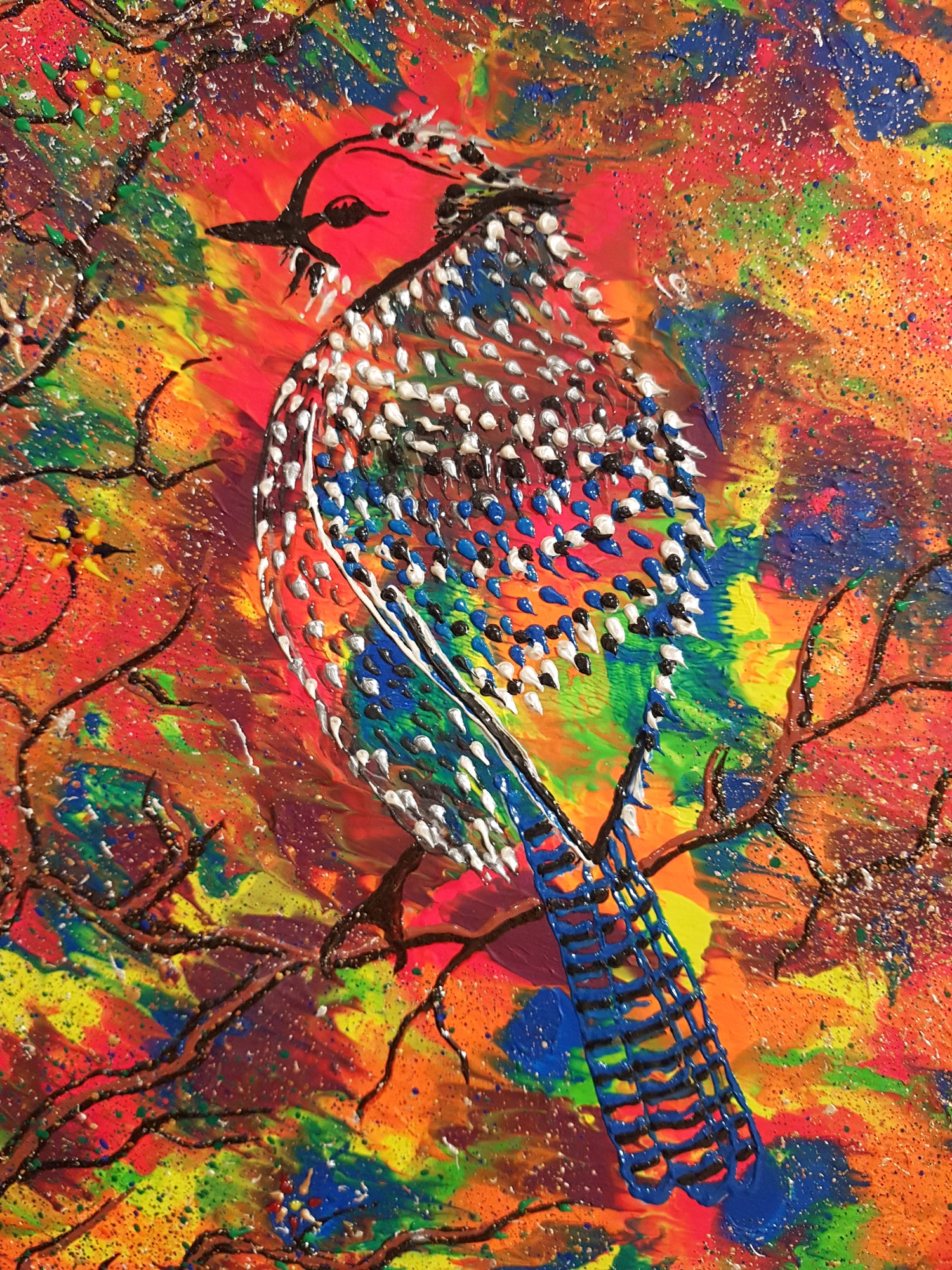 Hummingbird and Blue Jay by Alexandra-Romano-Art-Original-Abstract-Artwork Painting Colorful Unique Expressive Contemporary Gallery Toronto Artist