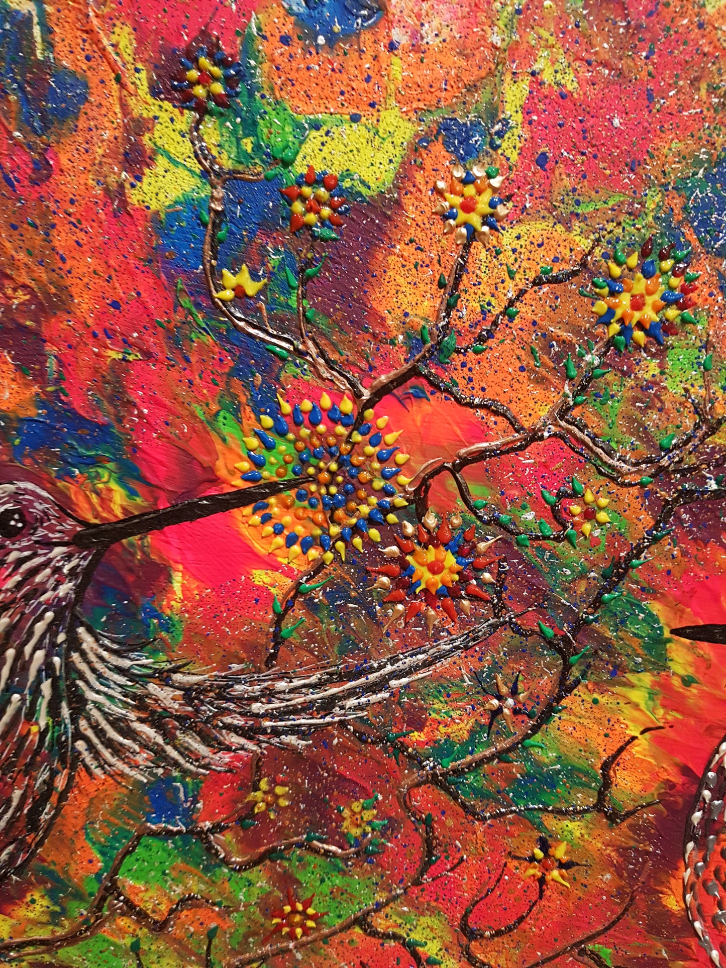 Hummingbird and Blue Jay by Alexandra-Romano-Art-Original-Abstracts-Artwork Painting Colorful Unique Expressive Contemporary Gallery Toronto