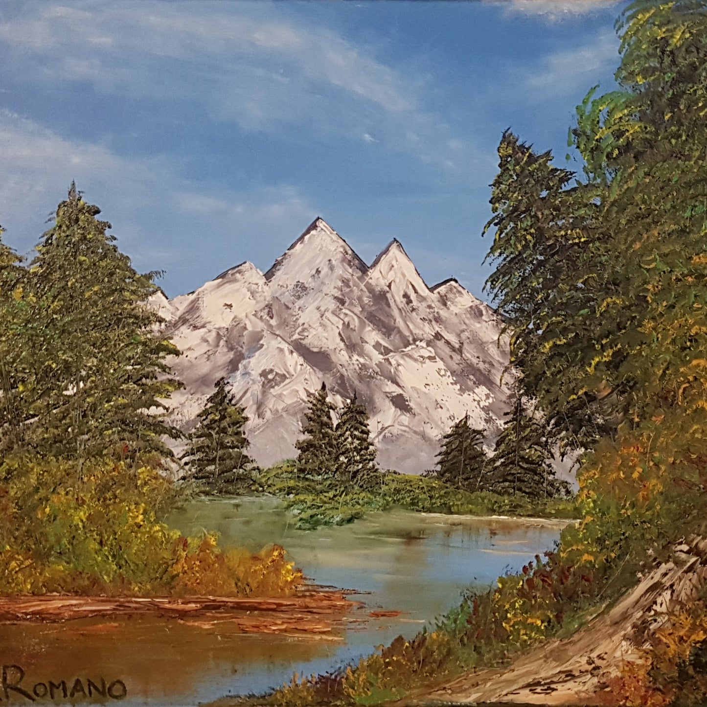 Mystic-Mountains-Alexandra-Romano-Art-Original-Landscape-Paintings-for-Sale-Inspired-by-Bob-Ross-Nature-Trees-Mountains-Sunny-Sky-Artwork