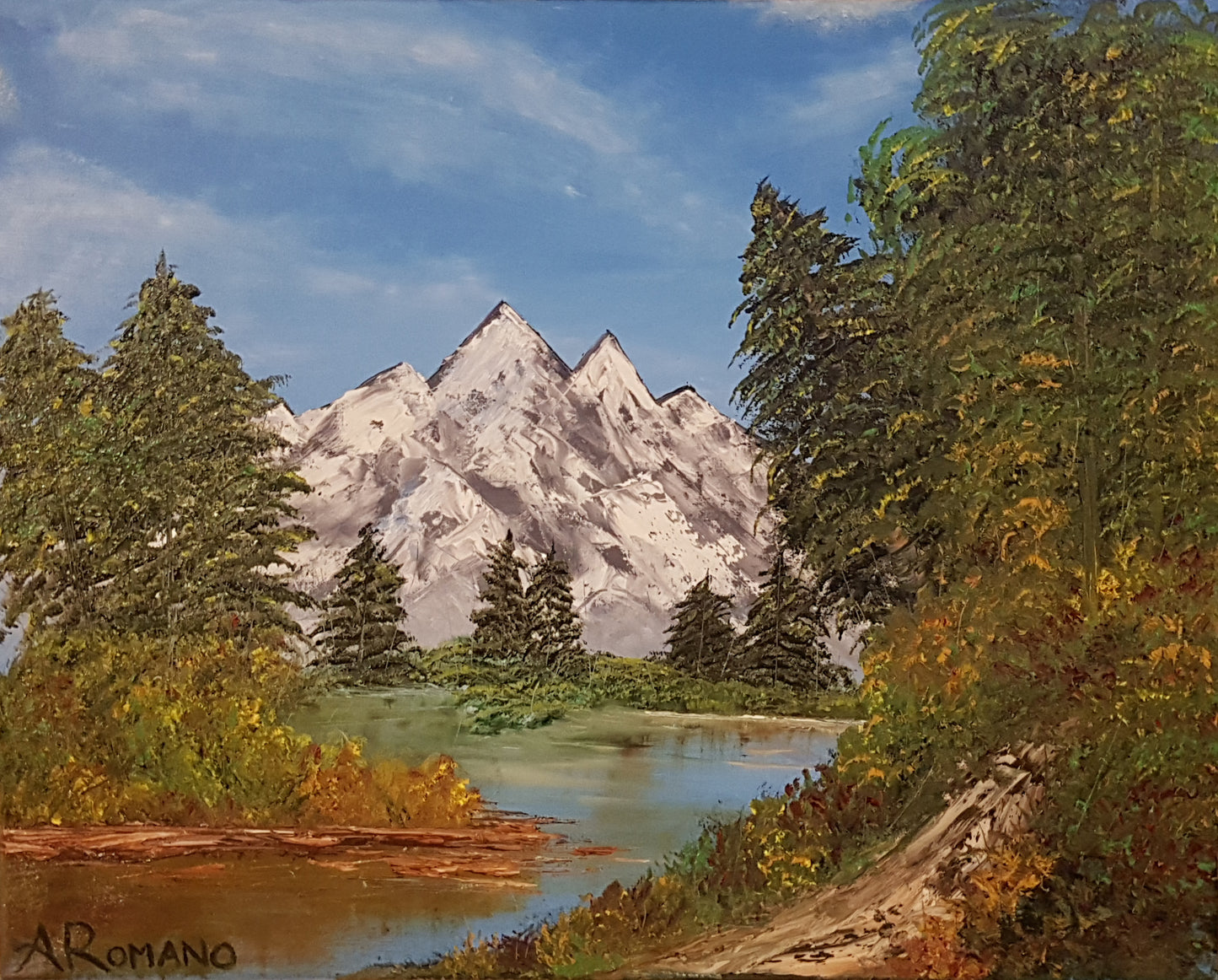 Mystic-Mountains-Alexandra-Romano-Art-Original-Landscape-Paintings-for-Sale-Inspired-by-Bob-Ross-Nature-Trees-Mountains-Sunny-Sky-Artworks