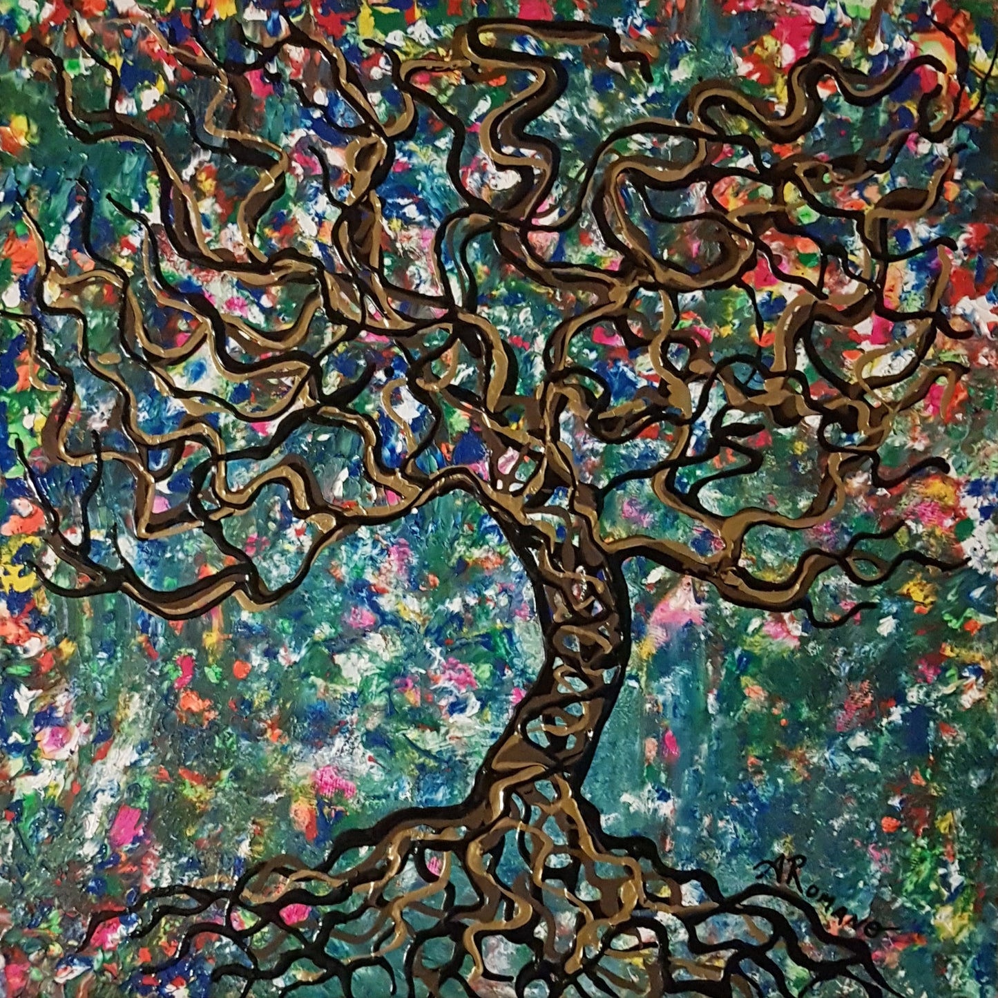 Roots-by-Alexandra-Romano-Art-Original-Paintings-for-Sale-Whimsical-Textured-Tree-Branches-Painting-Gold-Black-Colorful-Artwork-Best-Artists-Online