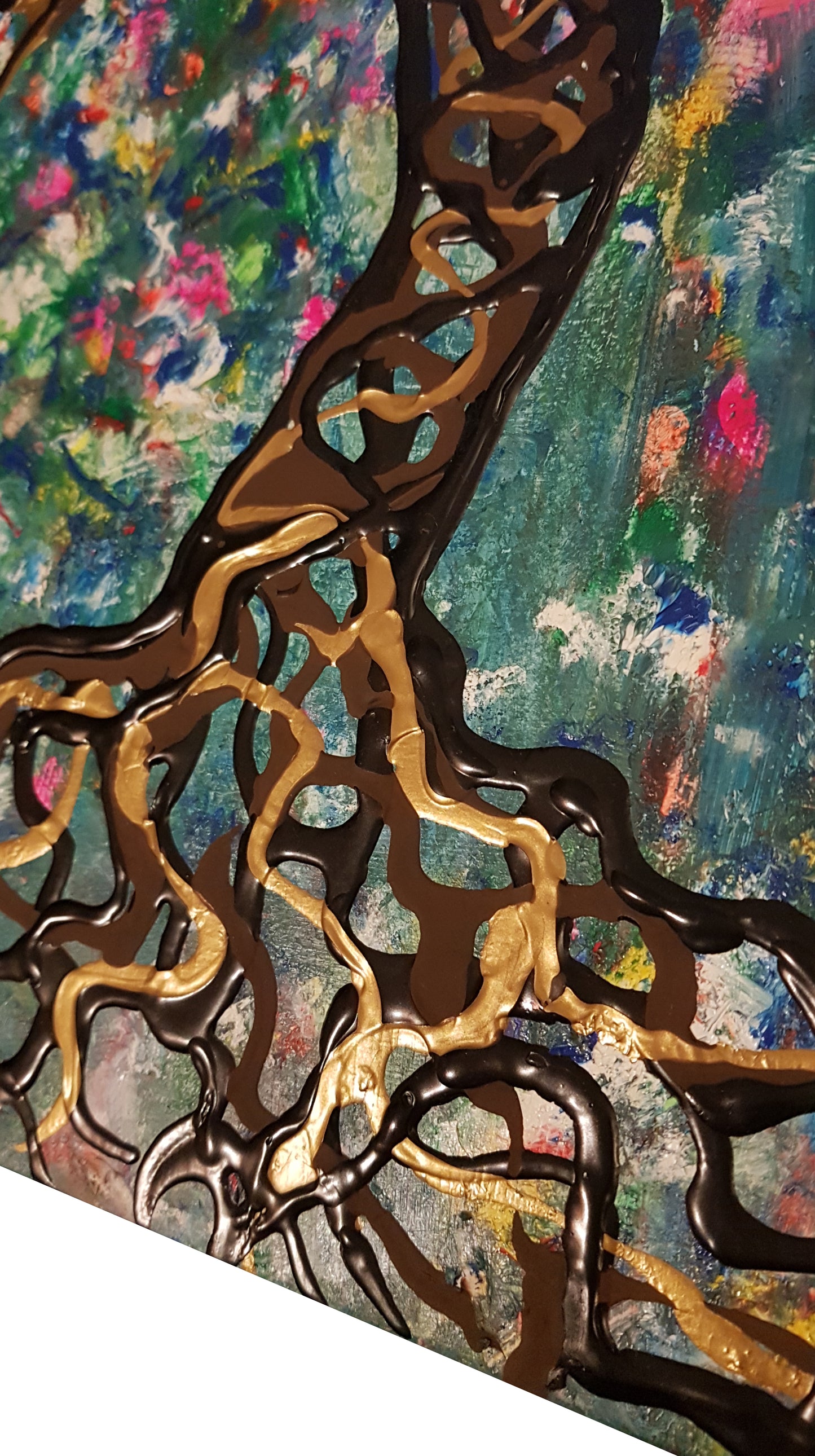 Roots-by-Alexandra-Romano-Art-Original-Whimsical-Textured-Tree-Branches-Painting-Gold-Black-Blue-Green-Colorful-Unique-Decor