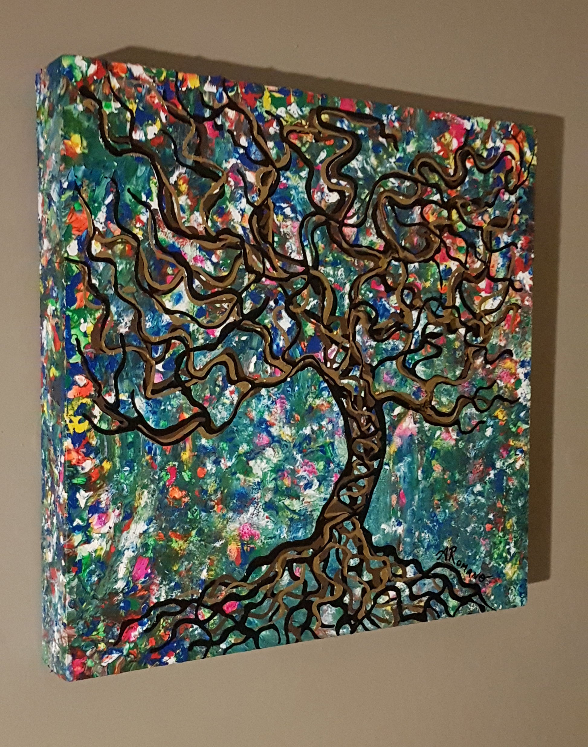 Roots-by-Alexandra-Romano-Art-Original-Whimsical-Textured-Tree-Branches-Painting-Gold-Black-Blue-Green-Colorful-Unique-Mixed-Media-Art